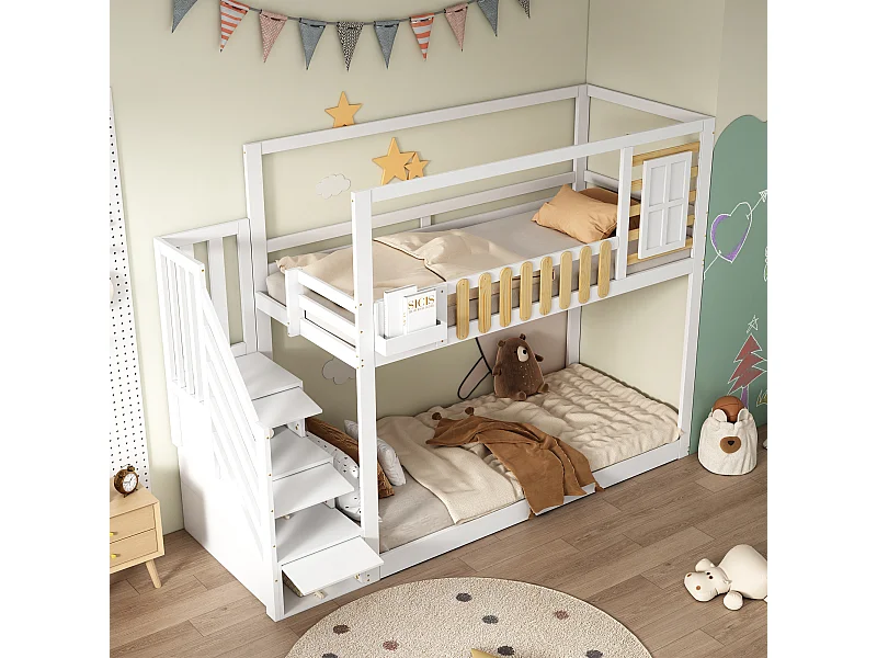 Lit superposé enfant blanc et bois 90x200cm avec escalier de rangement, barrières de sécurité et fenêtre (sans matelas)
