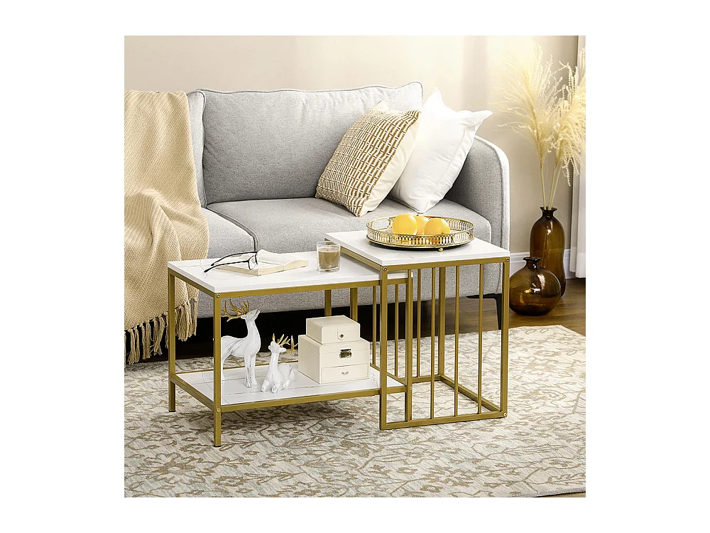 Lot de 2 tables basses gigognes carrés - plateau blanc aspect marbre et pied en métal doré