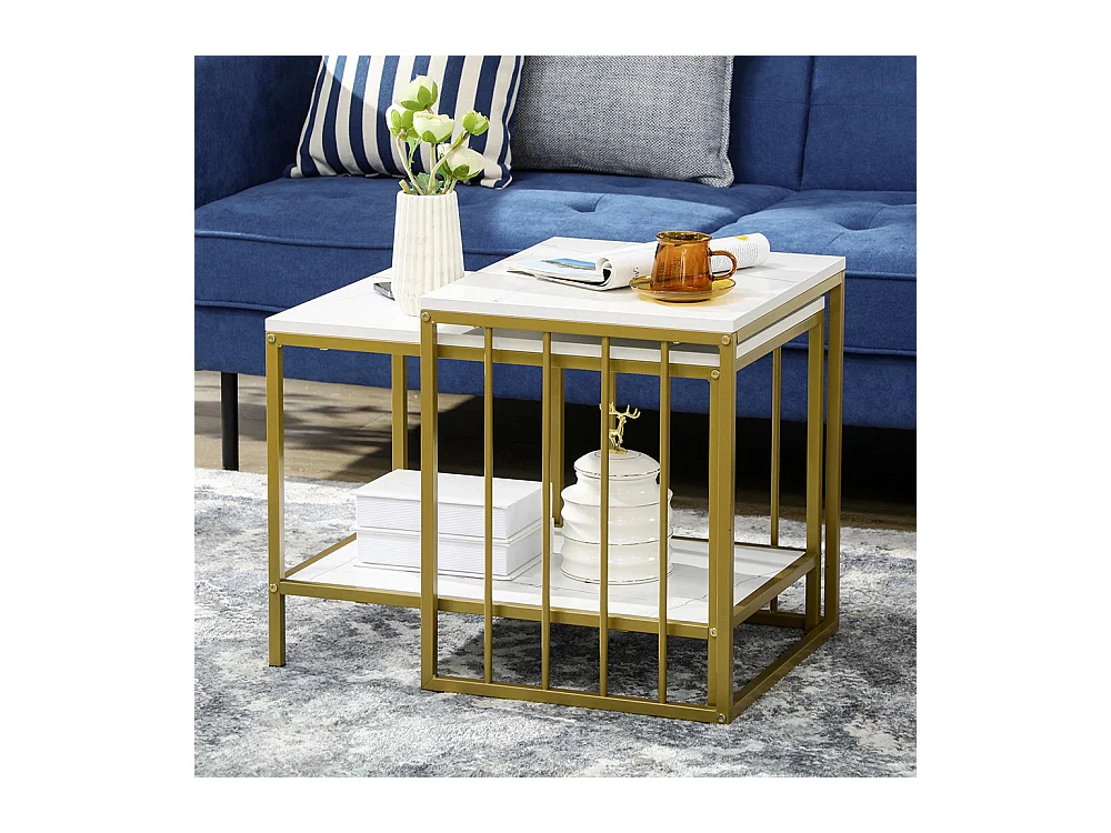 Lot de 2 tables basses gigognes carrés - plateau blanc aspect marbre et pied en métal doré