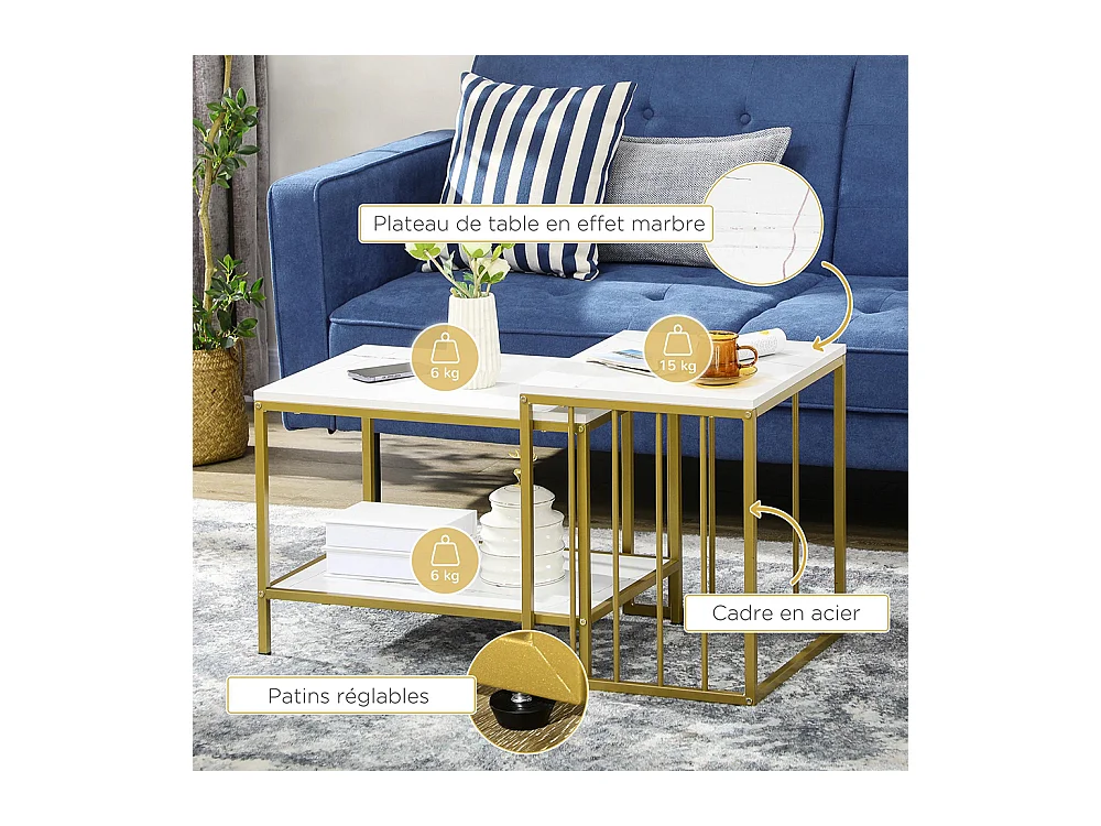 Lot de 2 tables basses gigognes carrés - plateau blanc aspect marbre et pied en métal doré