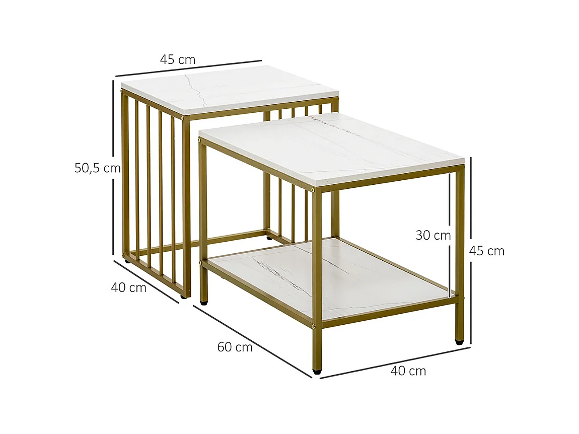 Lot de 2 tables basses gigognes carrés - plateau blanc aspect marbre et pied en métal doré