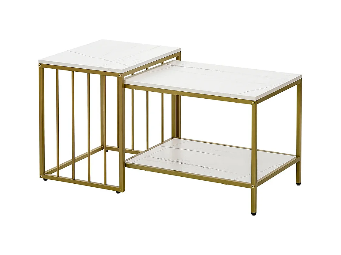 Lot de 2 tables basses gigognes carrés - plateau blanc aspect marbre et pied en métal doré
