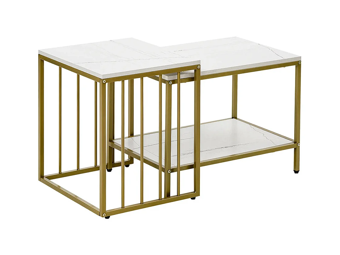 Lot de 2 tables basses gigognes carrés - plateau blanc aspect marbre et pied en métal doré