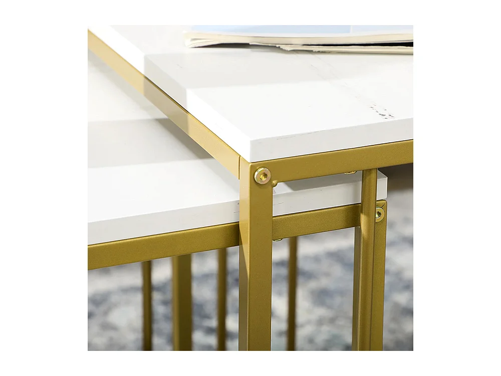 Lot de 2 tables basses gigognes carrés - plateau blanc aspect marbre et pied en métal doré