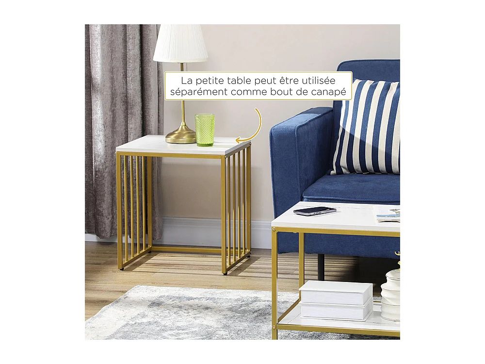 Lot de 2 tables basses gigognes carrés - plateau blanc aspect marbre et pied en métal doré