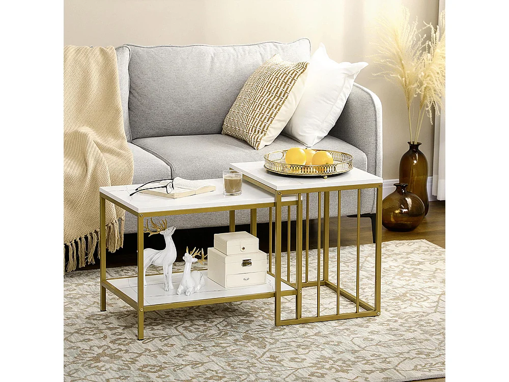 Lot de 2 tables basses gigognes carrés - plateau blanc aspect marbre et pied en métal doré