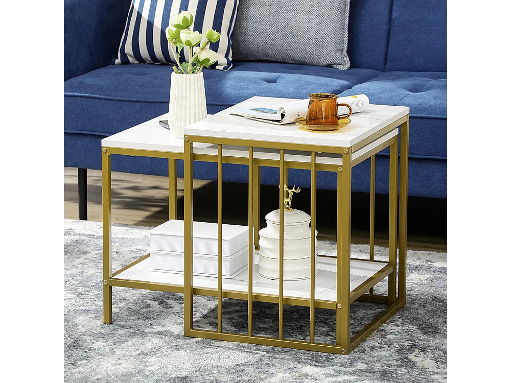 Lot de 2 tables basses gigognes carrés - plateau blanc aspect marbre et pied en métal doré