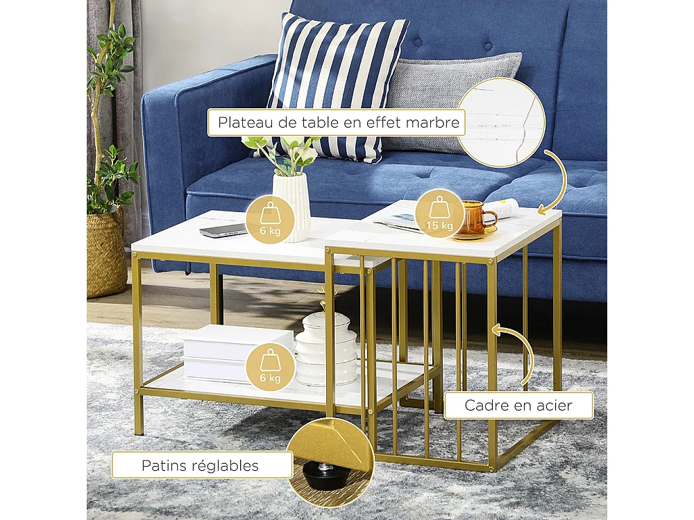 Lot de 2 tables basses gigognes carrés - plateau blanc aspect marbre et pied en métal doré