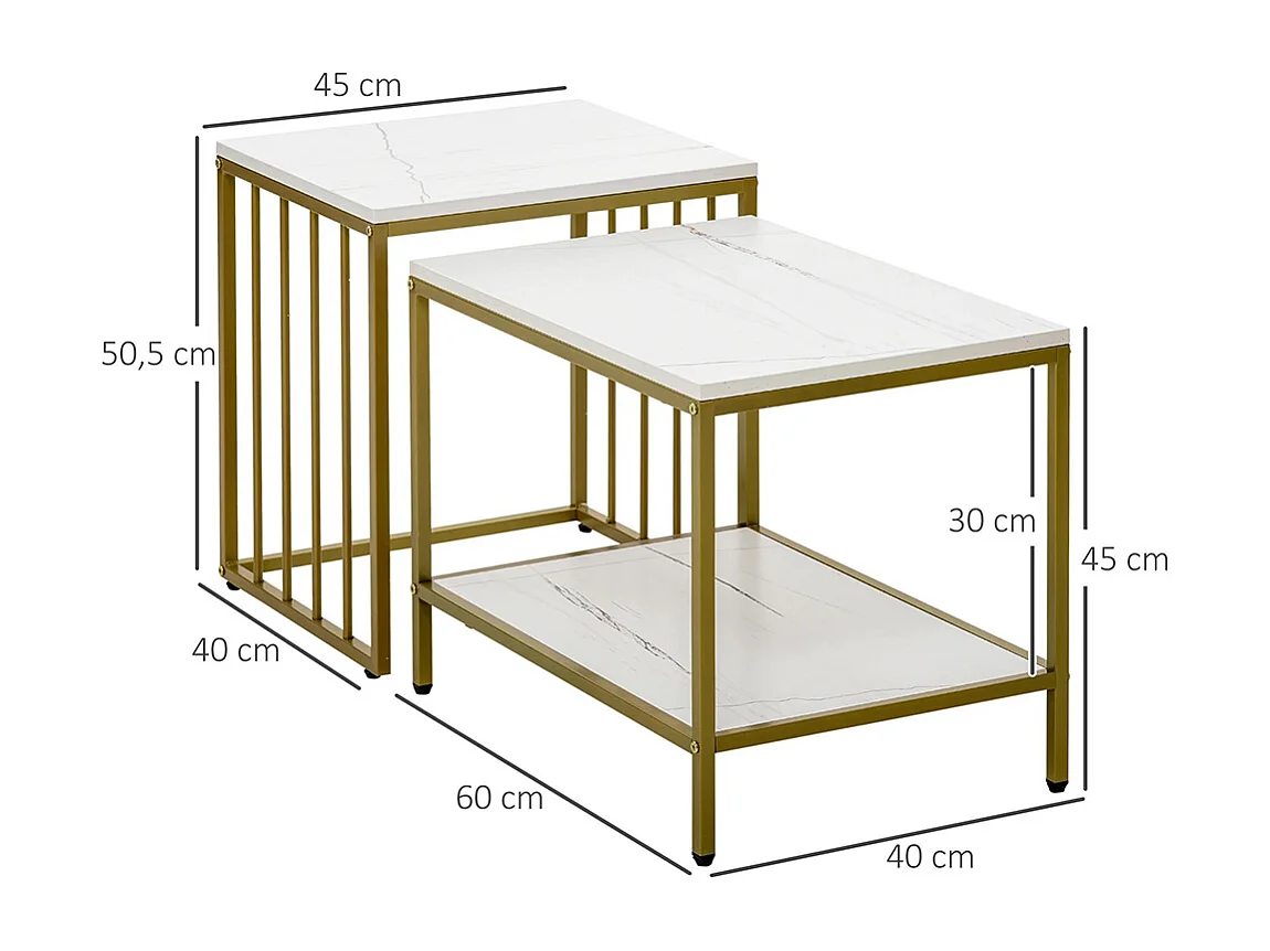 Lot de 2 tables basses gigognes carrés - plateau blanc aspect marbre et pied en métal doré