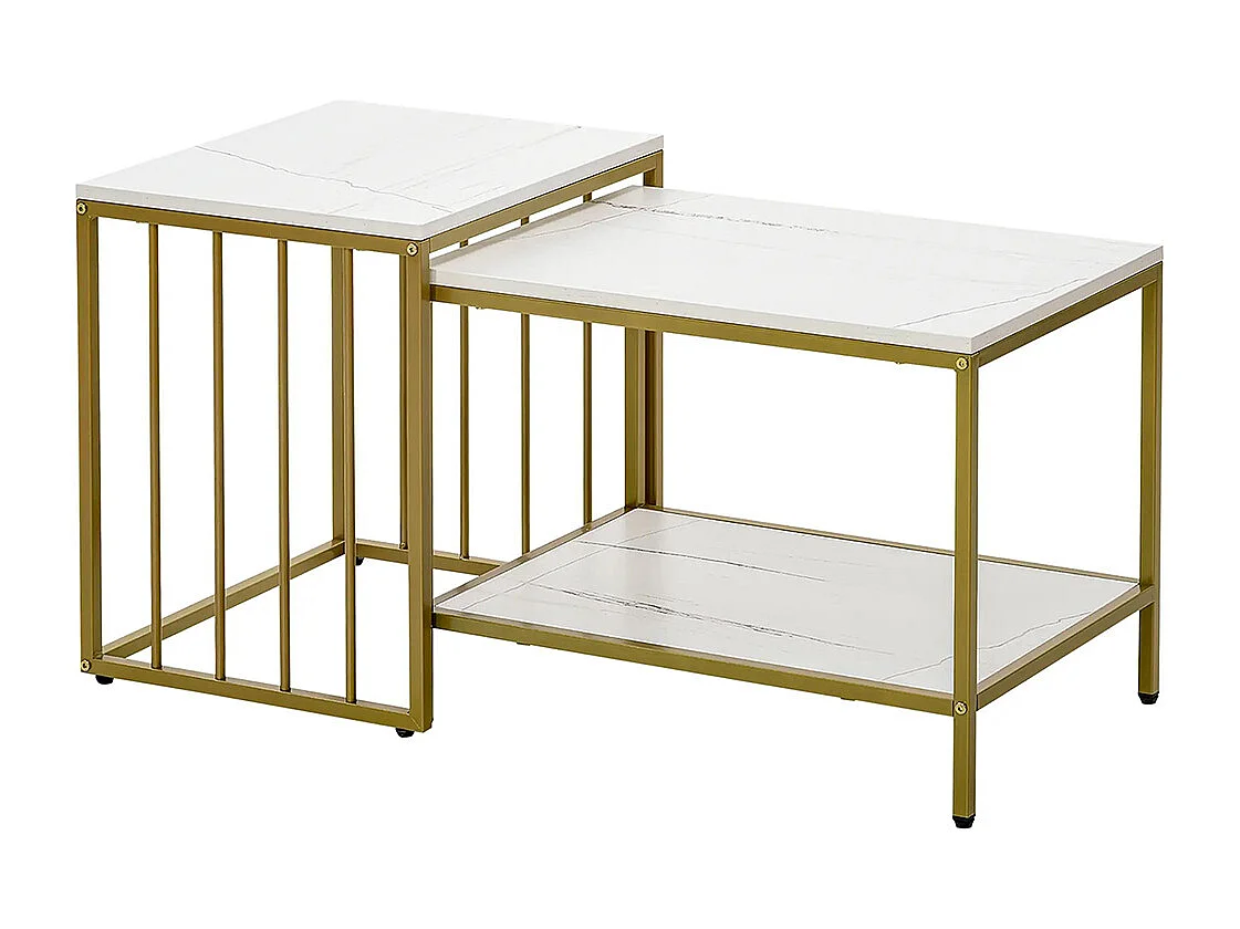 Lot de 2 tables basses gigognes carrés - plateau blanc aspect marbre et pied en métal doré