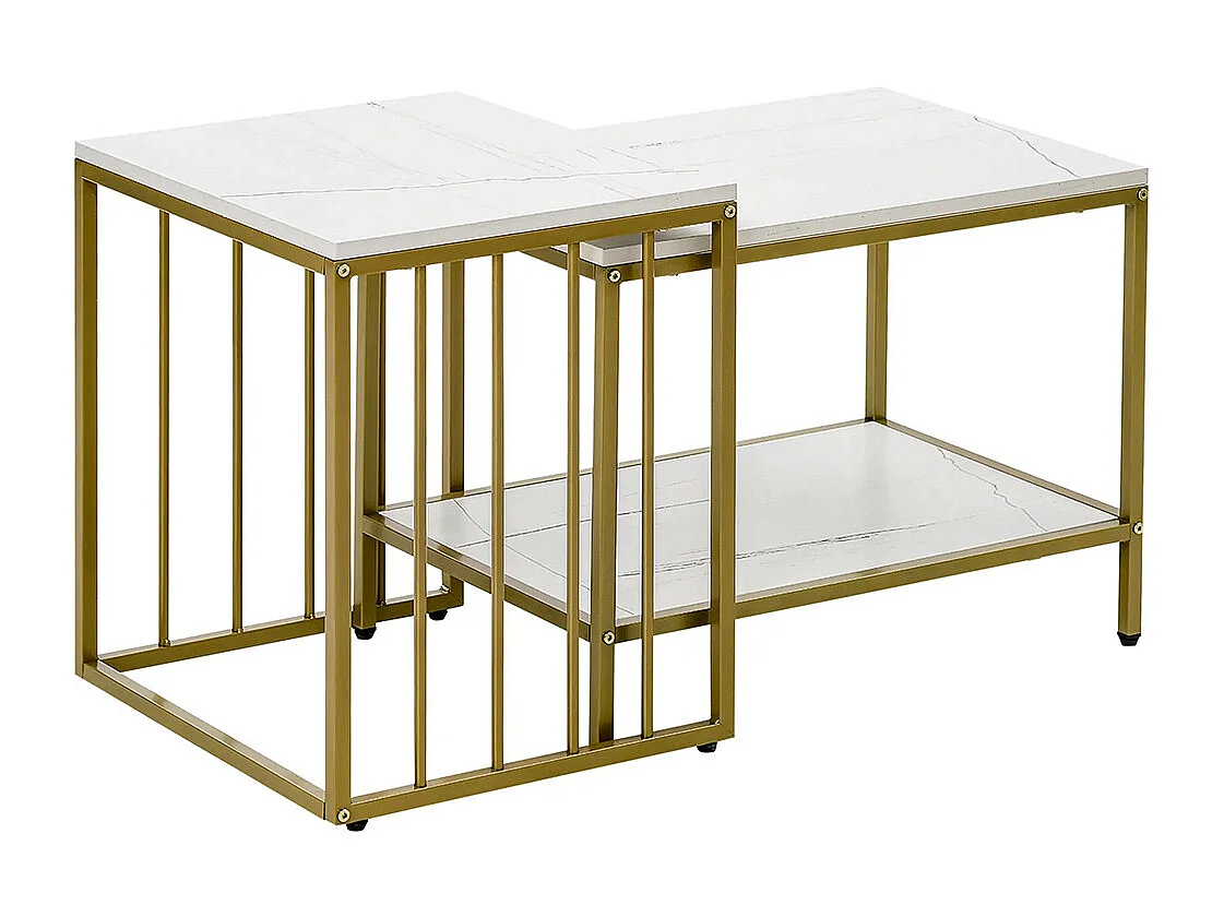 Lot de 2 tables basses gigognes carrés - plateau blanc aspect marbre et pied en métal doré