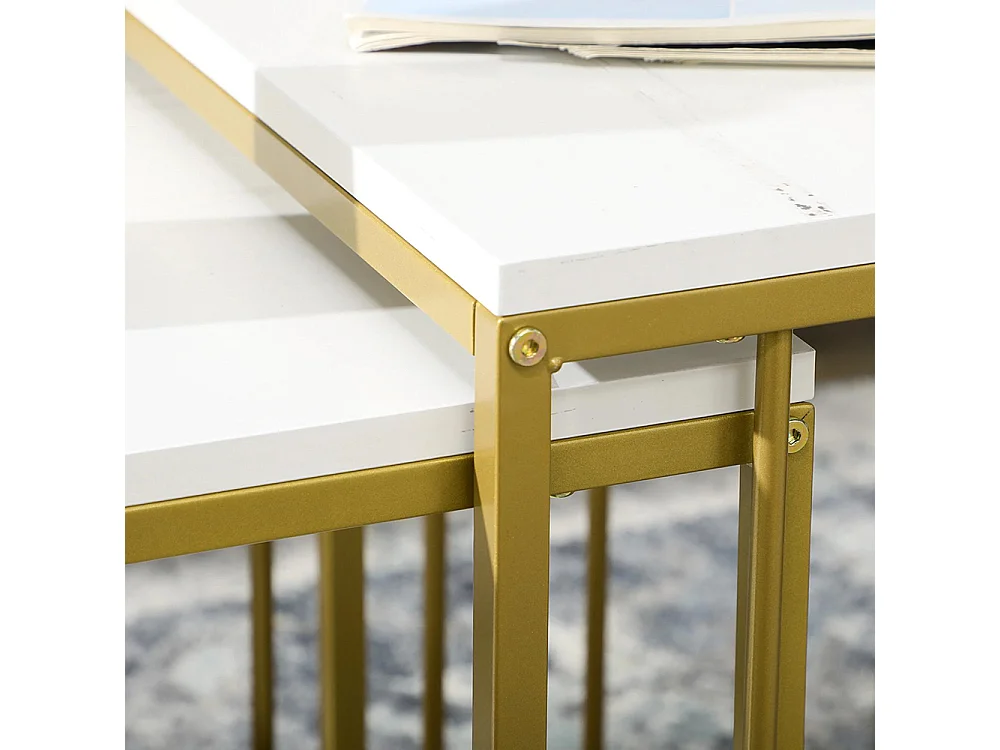 Lot de 2 tables basses gigognes carrés - plateau blanc aspect marbre et pied en métal doré