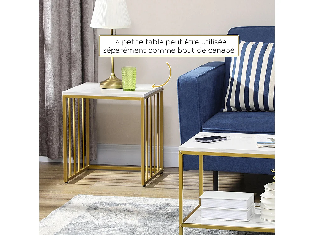 Lot de 2 tables basses gigognes carrés - plateau blanc aspect marbre et pied en métal doré