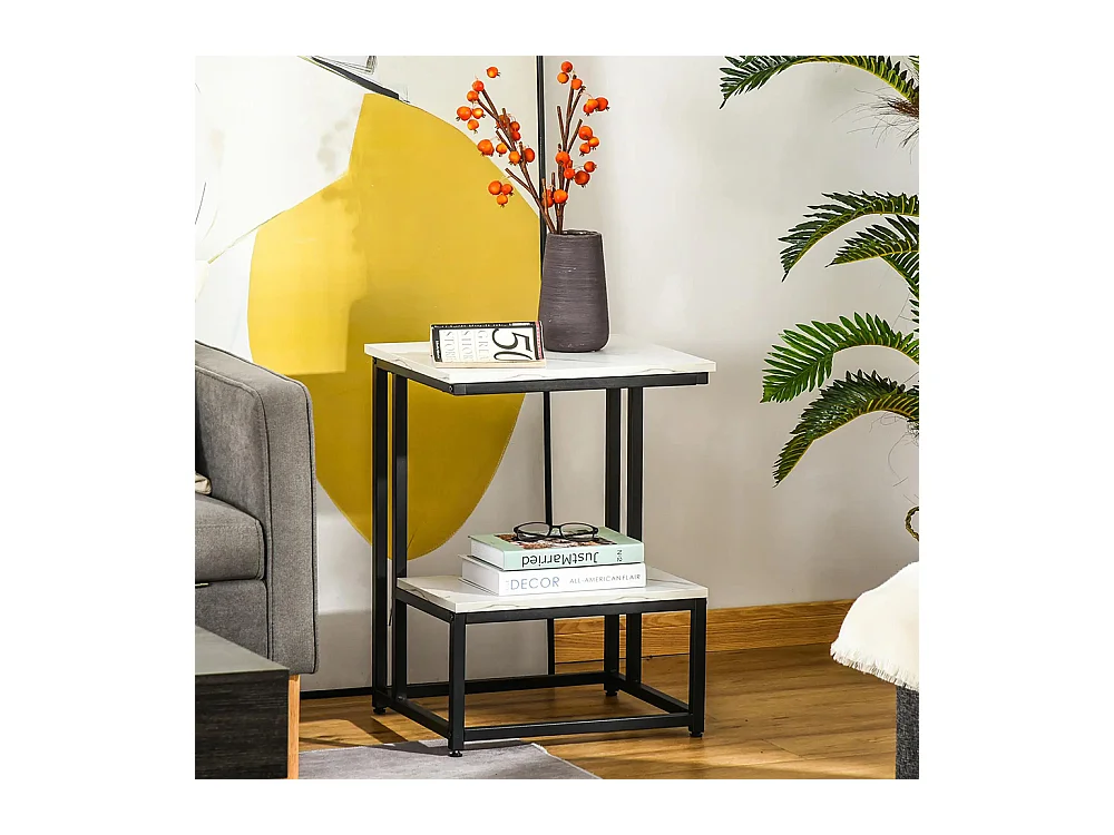 Table basse moderne salon table d'appoint chambre structure acier noir plateau étagère aspect marbre blanc