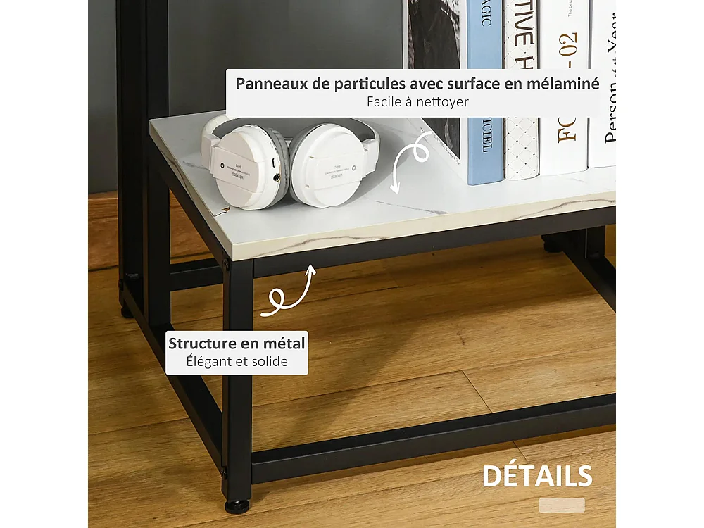 Table basse moderne salon table d'appoint chambre structure acier noir plateau étagère aspect marbre blanc