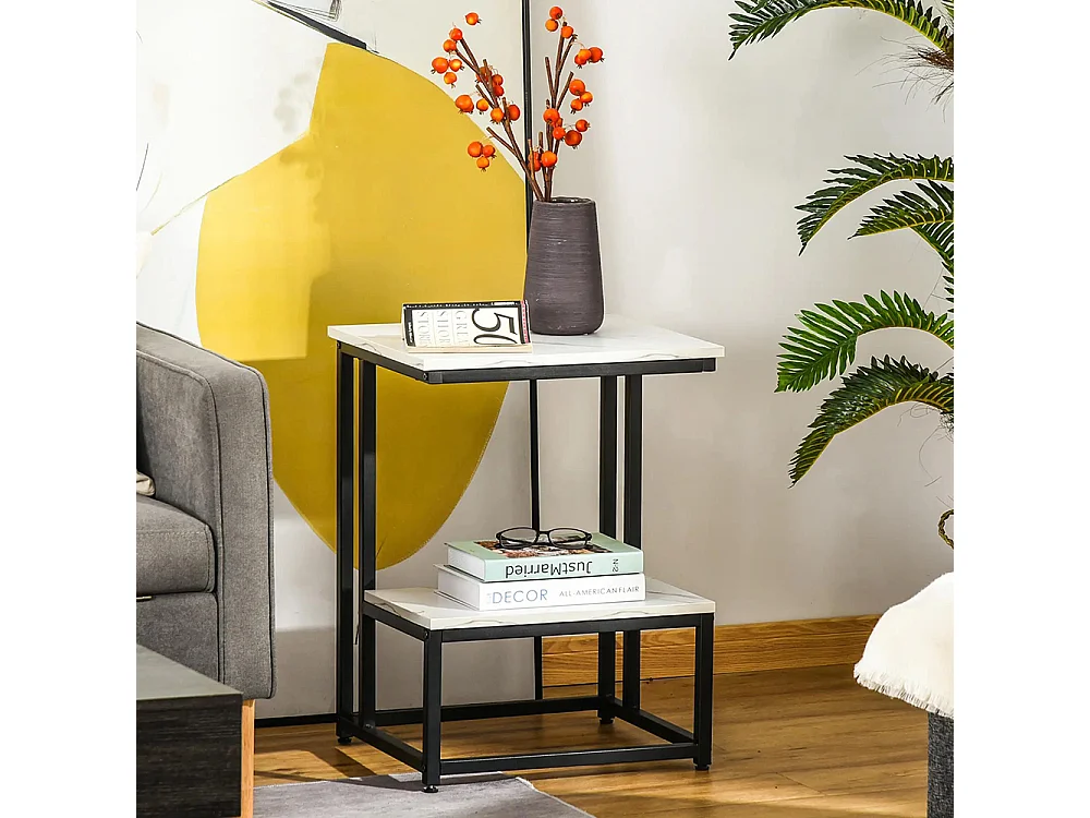 Table basse moderne salon table d'appoint chambre structure acier noir plateau étagère aspect marbre blanc