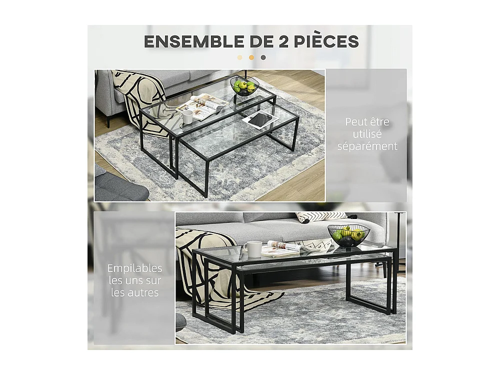 Lot de 2 tables basses gigognes tables de salon rectangulaires design en acier noir et plateaux en verre trempé