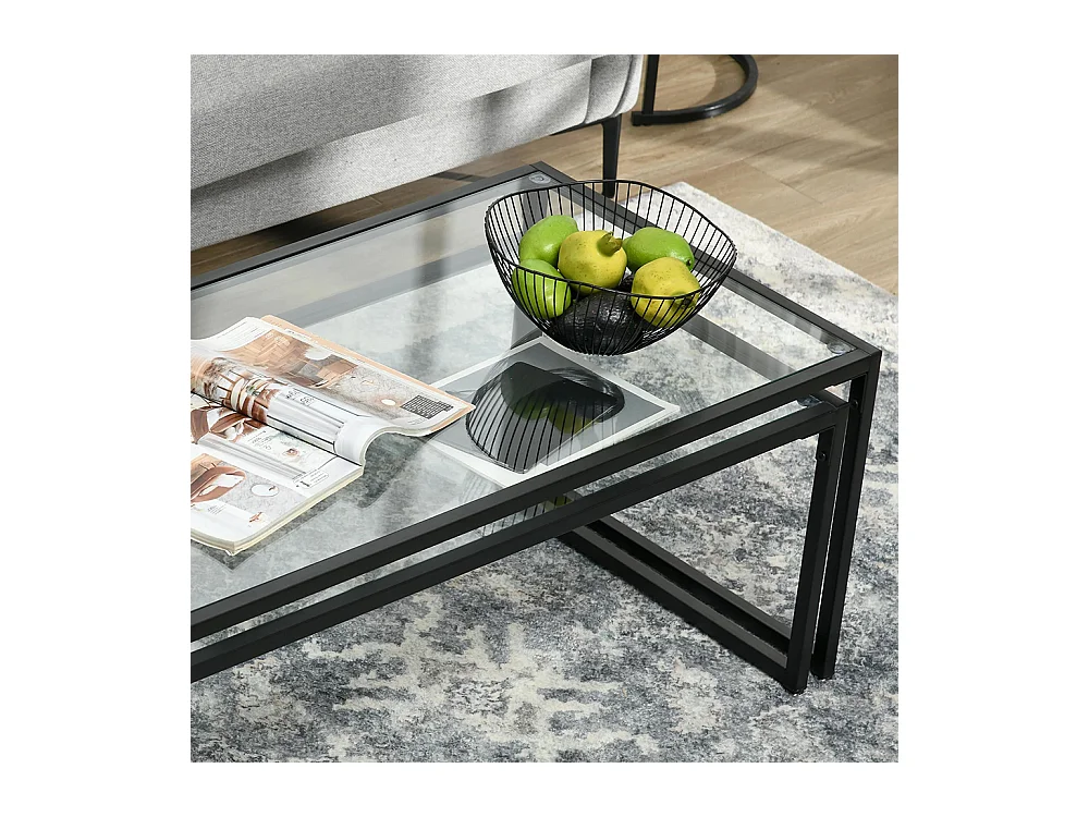 Lot de 2 tables basses gigognes tables de salon rectangulaires design en acier noir et plateaux en verre trempé