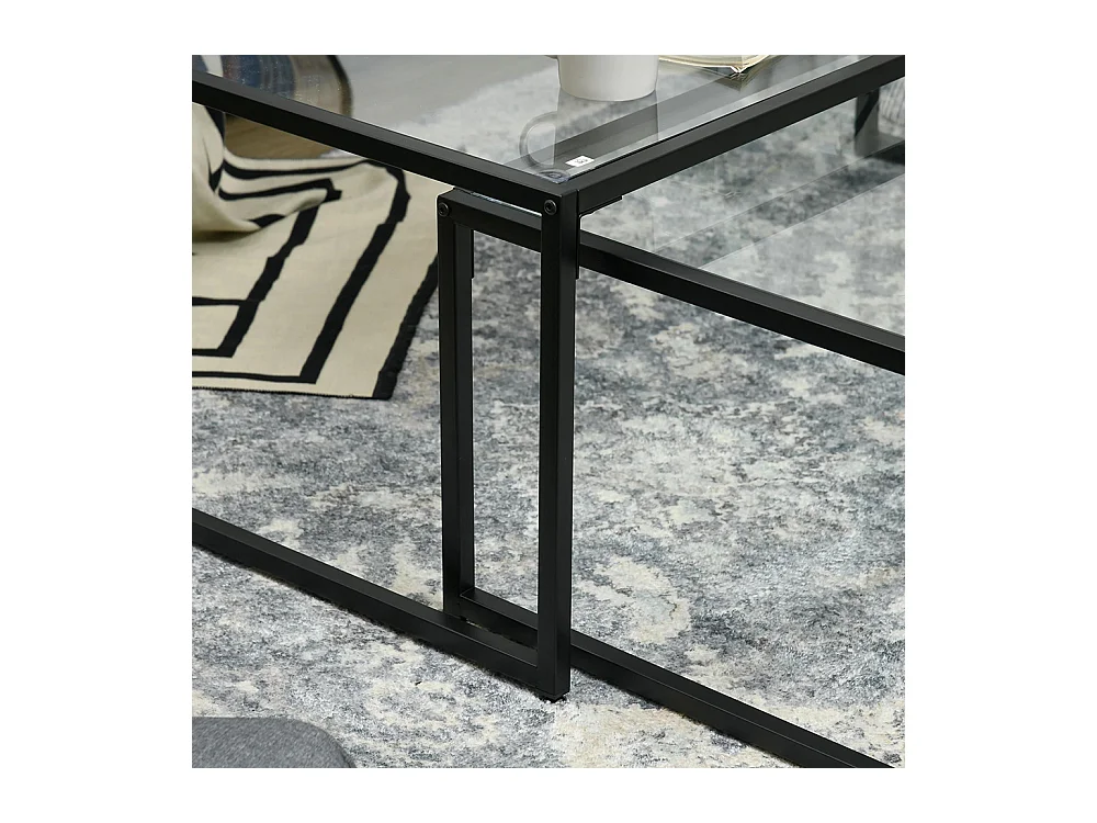 Lot de 2 tables basses gigognes tables de salon rectangulaires design en acier noir et plateaux en verre trempé