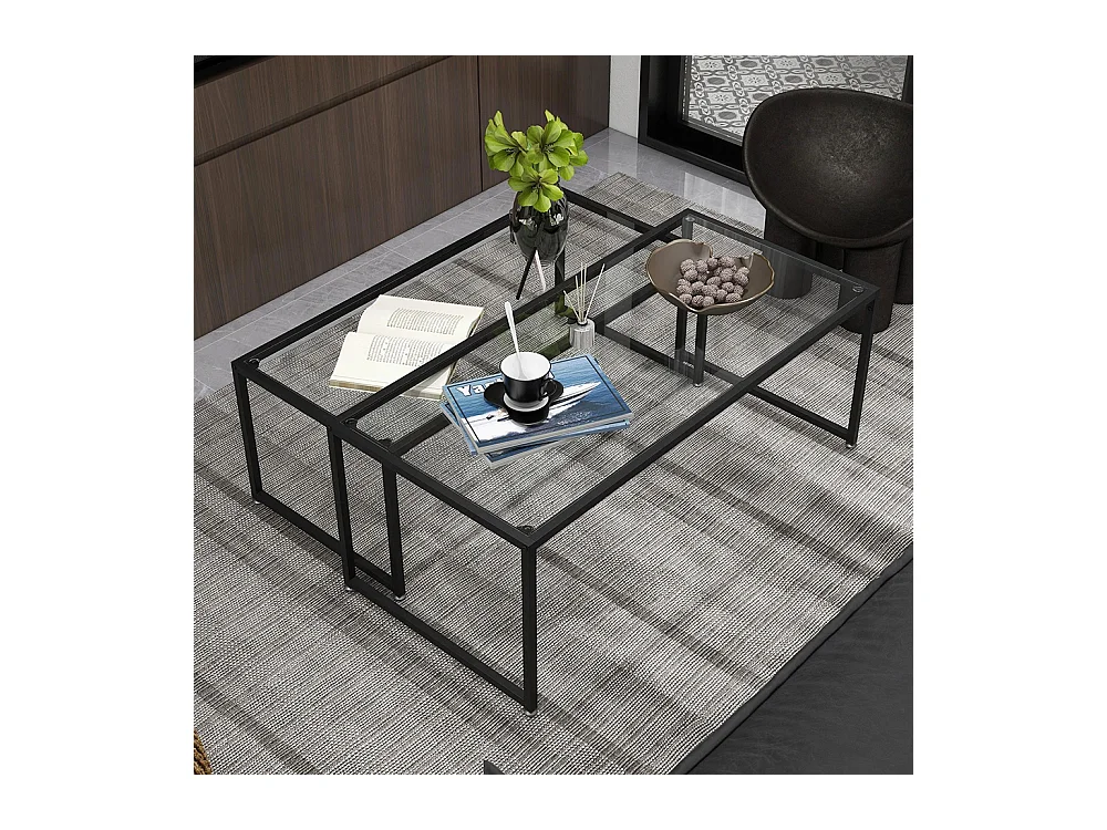 Lot de 2 tables basses gigognes tables de salon rectangulaires design en acier noir et plateaux en verre trempé