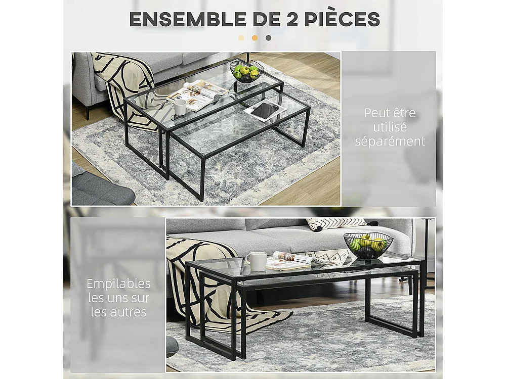 Lot de 2 tables basses gigognes tables de salon rectangulaires design en acier noir et plateaux en verre trempé