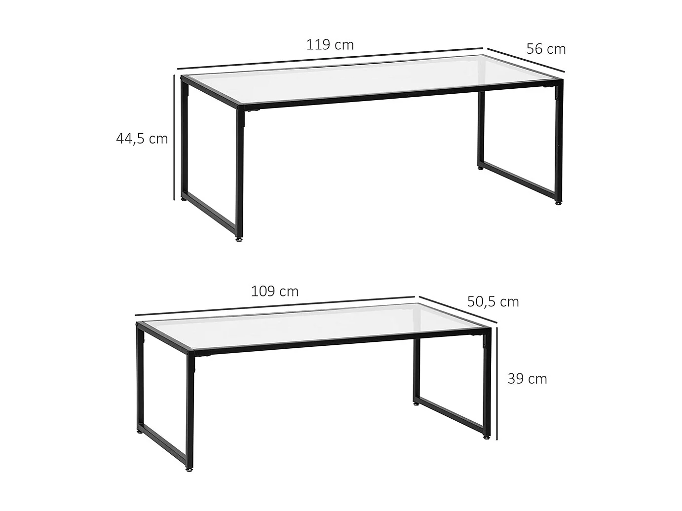 Lot de 2 tables basses gigognes tables de salon rectangulaires design en acier noir et plateaux en verre trempé