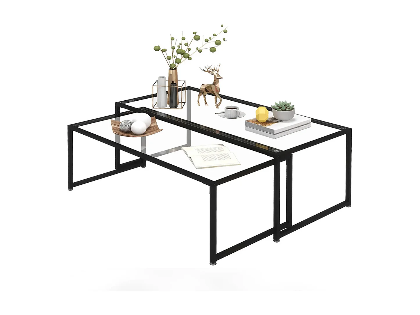 Lot de 2 tables basses gigognes tables de salon rectangulaires design en acier noir et plateaux en verre trempé