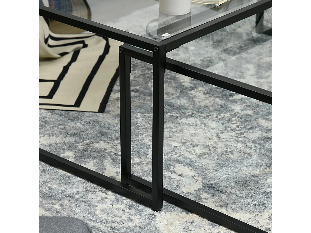 Lot de 2 tables basses gigognes tables de salon rectangulaires design en acier noir et plateaux en verre trempé