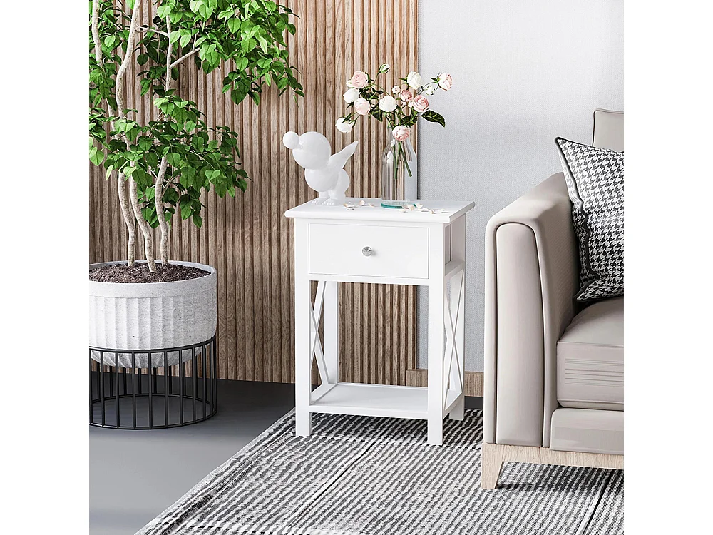 Table de Chevet Table d'appoint Bout de canapé Table de Nuit avec un tiroir et étagère en Bois Blanc