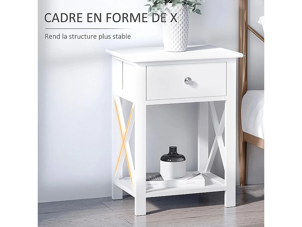 Table de Chevet Table d'appoint Bout de canapé Table de Nuit avec un tiroir et étagère en Bois Blanc