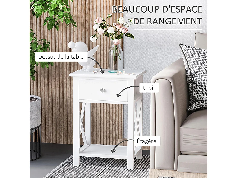 Table de Chevet Table d'appoint Bout de canapé Table de Nuit avec un tiroir et étagère en Bois Blanc