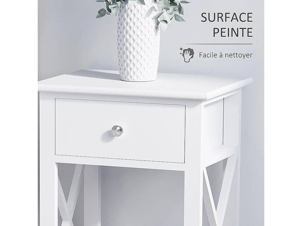 Table de Chevet Table d'appoint Bout de canapé Table de Nuit avec un tiroir et étagère en Bois Blanc
