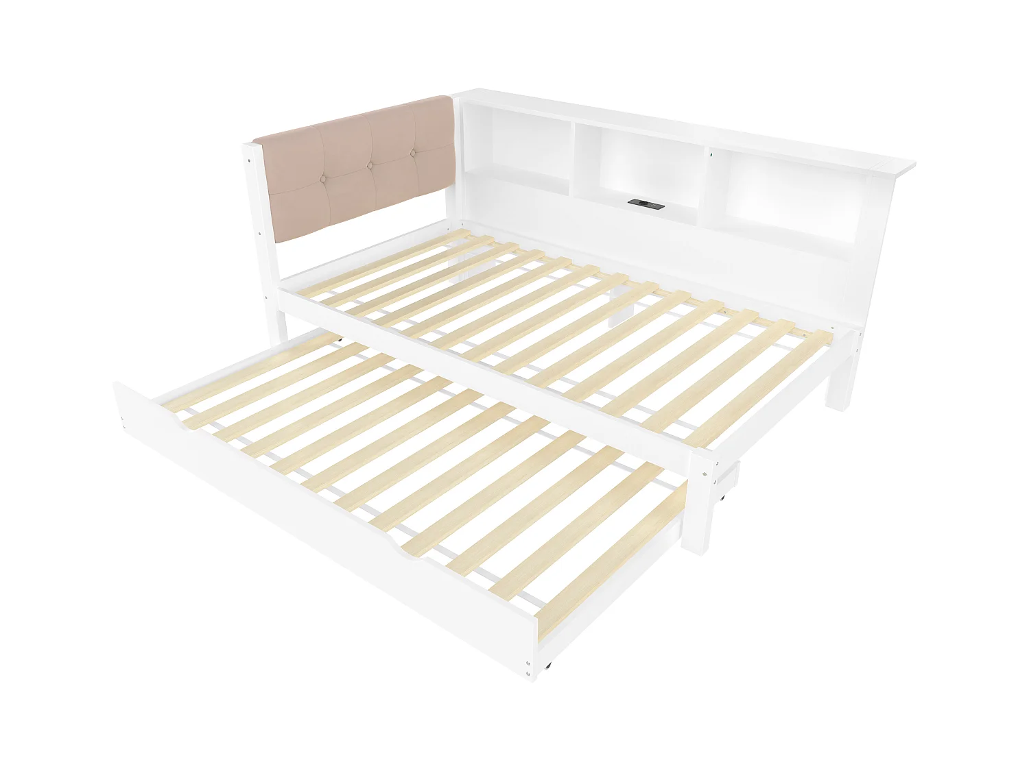 Witte slaapbank 90x200cm met uitschuifbed 90x190cm met LED-verlichting, opbergruimte, USB (zonder matras)