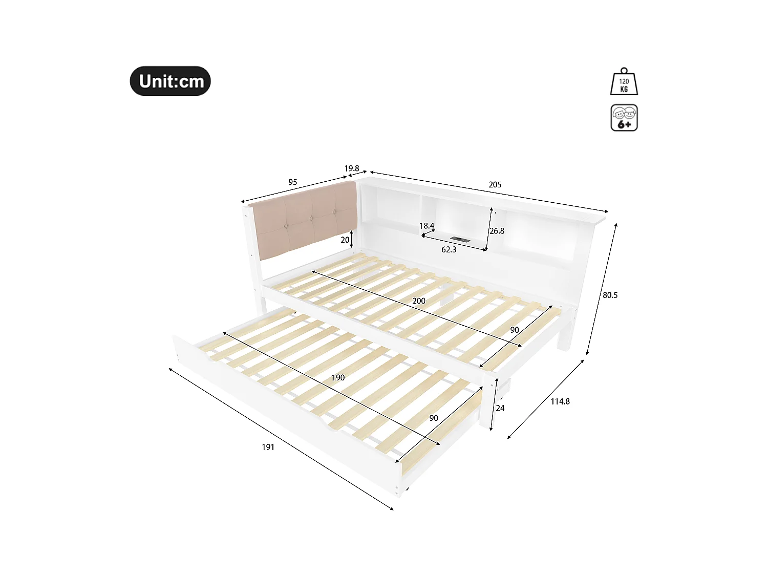 Witte slaapbank 90x200cm met uitschuifbed 90x190cm met LED-verlichting, opbergruimte, USB (zonder matras)