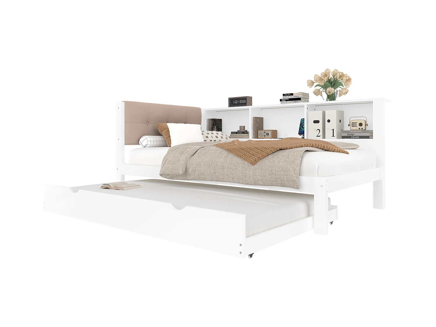 Witte slaapbank 90x200cm met uitschuifbed 90x190cm met LED-verlichting, opbergruimte, USB (zonder matras)