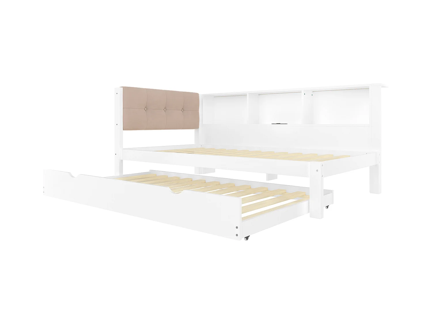 Witte slaapbank 90x200cm met uitschuifbed 90x190cm met LED-verlichting, opbergruimte, USB (zonder matras)