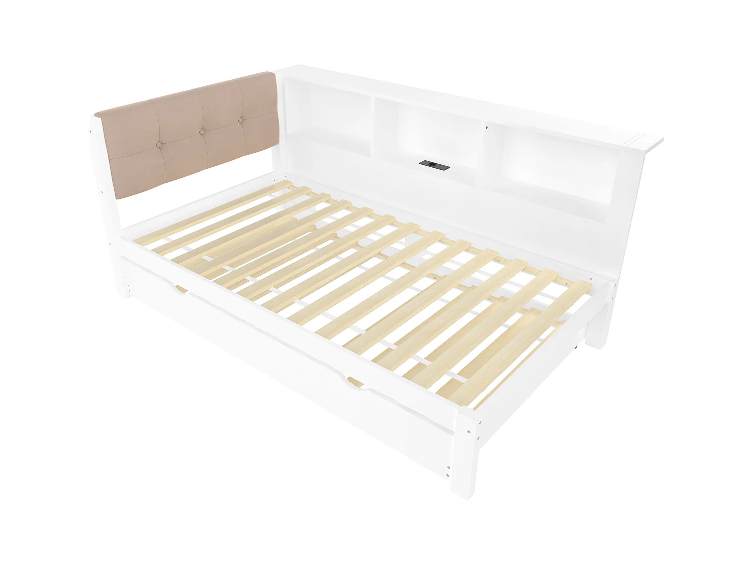 Witte slaapbank 90x200cm met uitschuifbed 90x190cm met LED-verlichting, opbergruimte, USB (zonder matras)