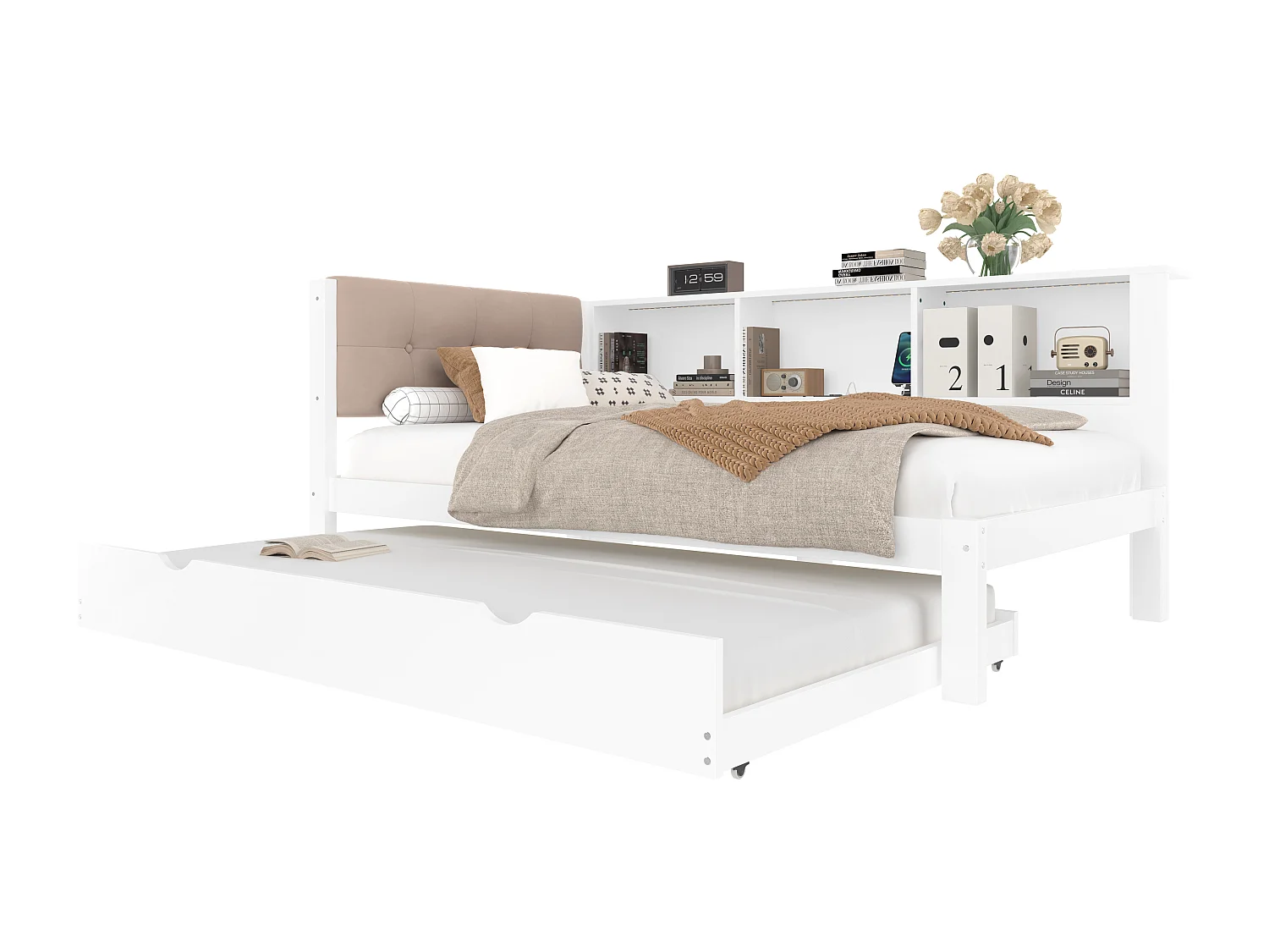 Divano letto bianco 90x200cm con letto estraibile 90x190cm con illuminazione a LED, contenitore, USB (senza materasso)
