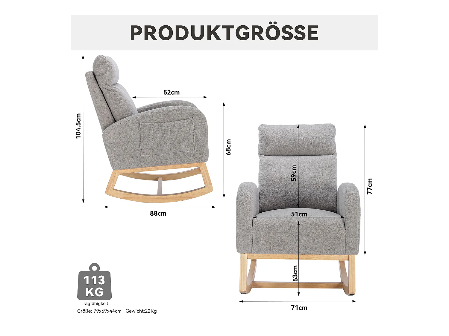 Lichtgrijze schommelstoel met zijvakken, houten frame, teddy fluwelen stof 88x71x104,5cm