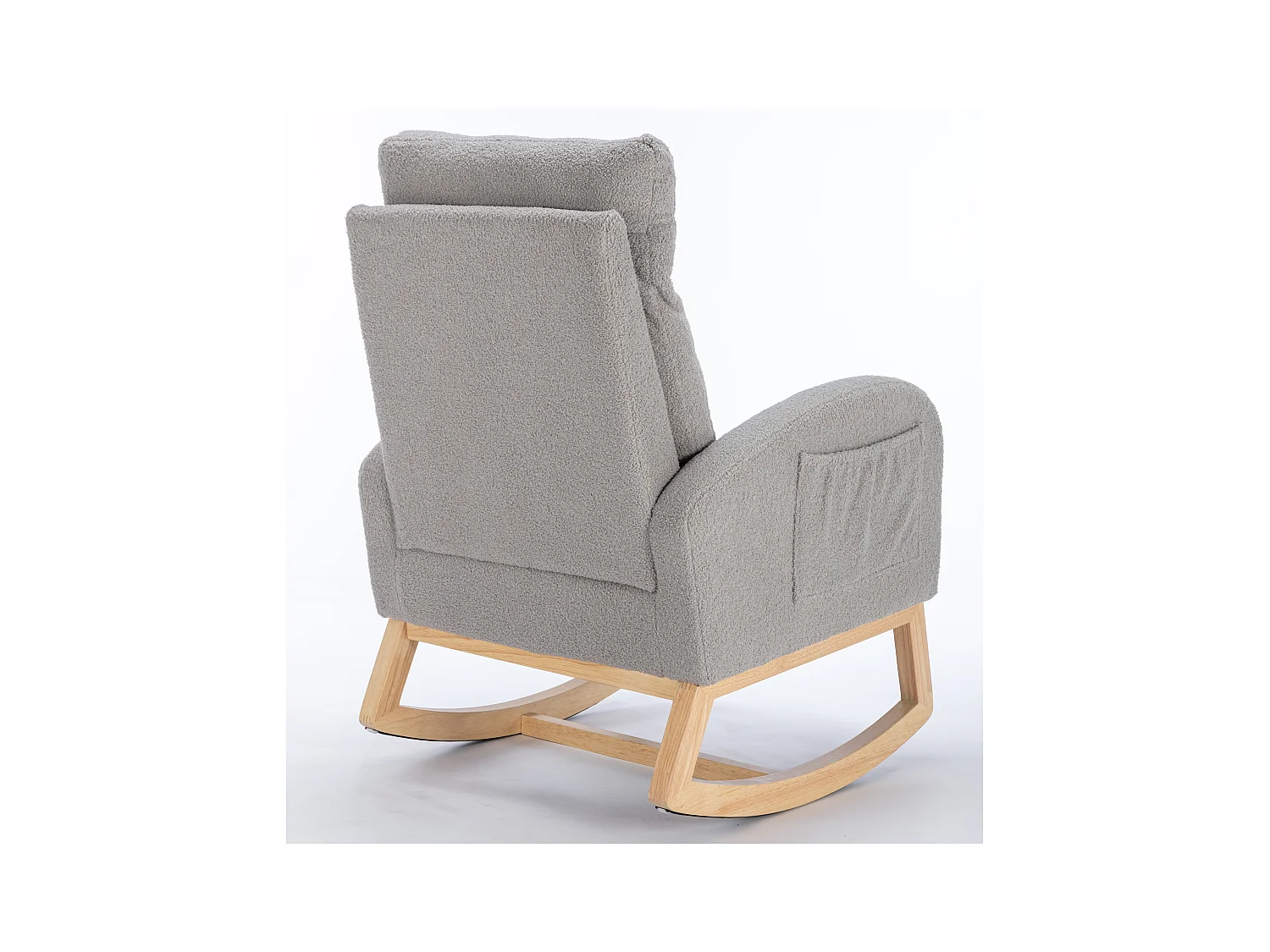 Lichtgrijze schommelstoel met zijvakken, houten frame, teddy fluwelen stof 88x71x104,5cm