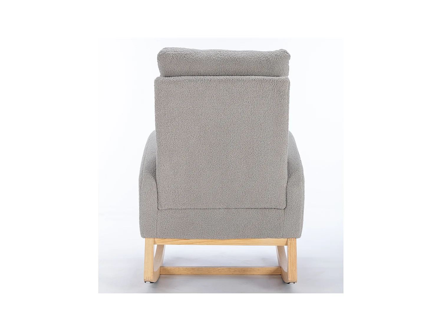 Lichtgrijze schommelstoel met zijvakken, houten frame, teddy fluwelen stof 88x71x104,5cm