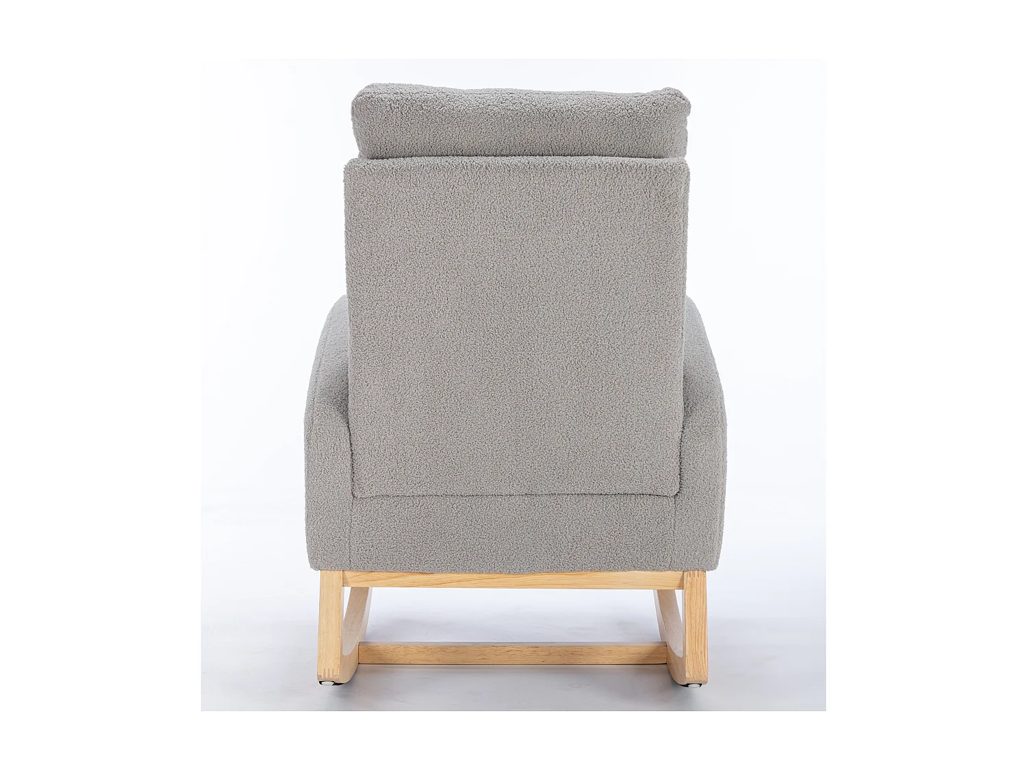 Lichtgrijze schommelstoel met zijvakken, houten frame, teddy fluwelen stof 88x71x104,5cm