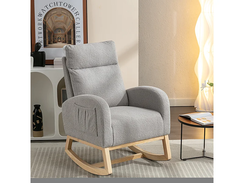 Rocking chair gris clair avec poches latérales, structure en bois, tissu velours teddy 88x71x104,5cm