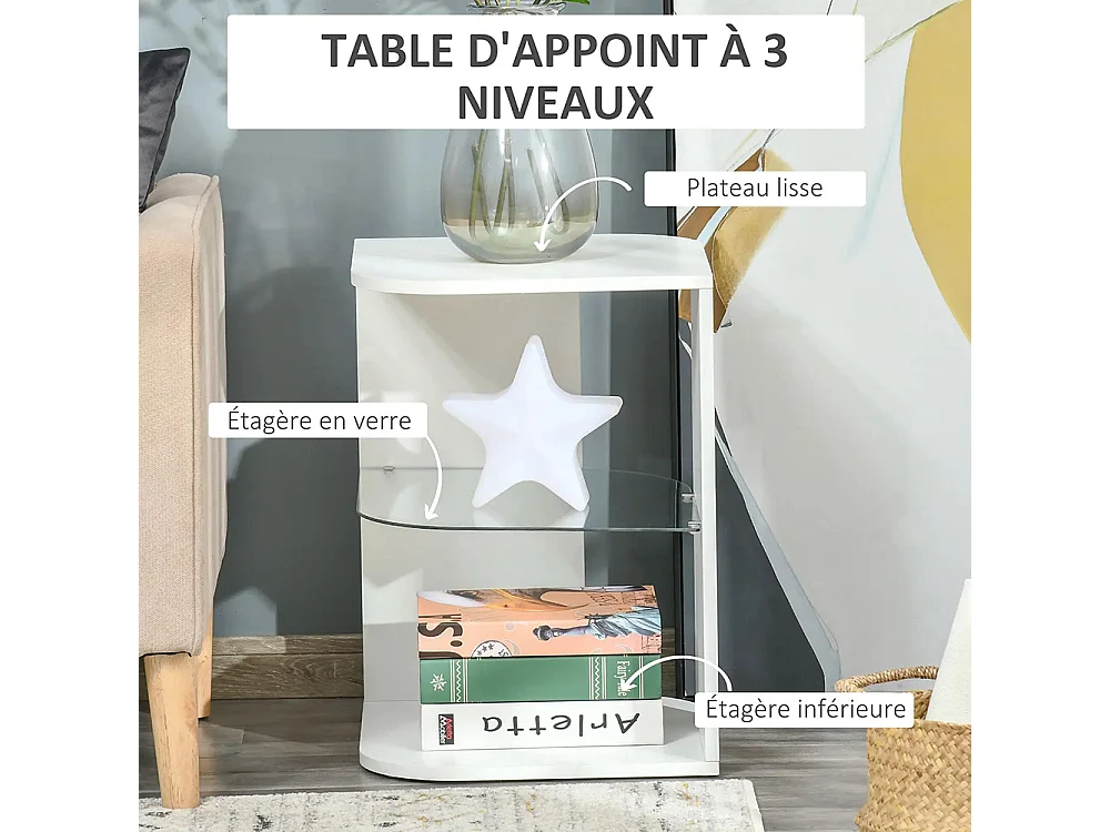 Table d'appoint guéridon design contemporain bout de canapé étagère verre trempé blanc