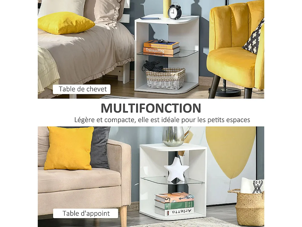 Table d'appoint guéridon design contemporain bout de canapé étagère verre trempé blanc
