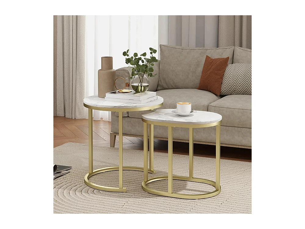 Lot de 2 tables basses tables d'appoint gigognes encastrables structure en acier et plateau en bois aspect marbre or