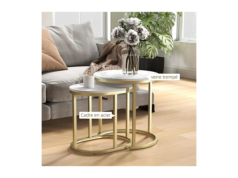 Lot de 2 tables basses tables d'appoint gigognes encastrables structure en acier et plateau en bois aspect marbre or