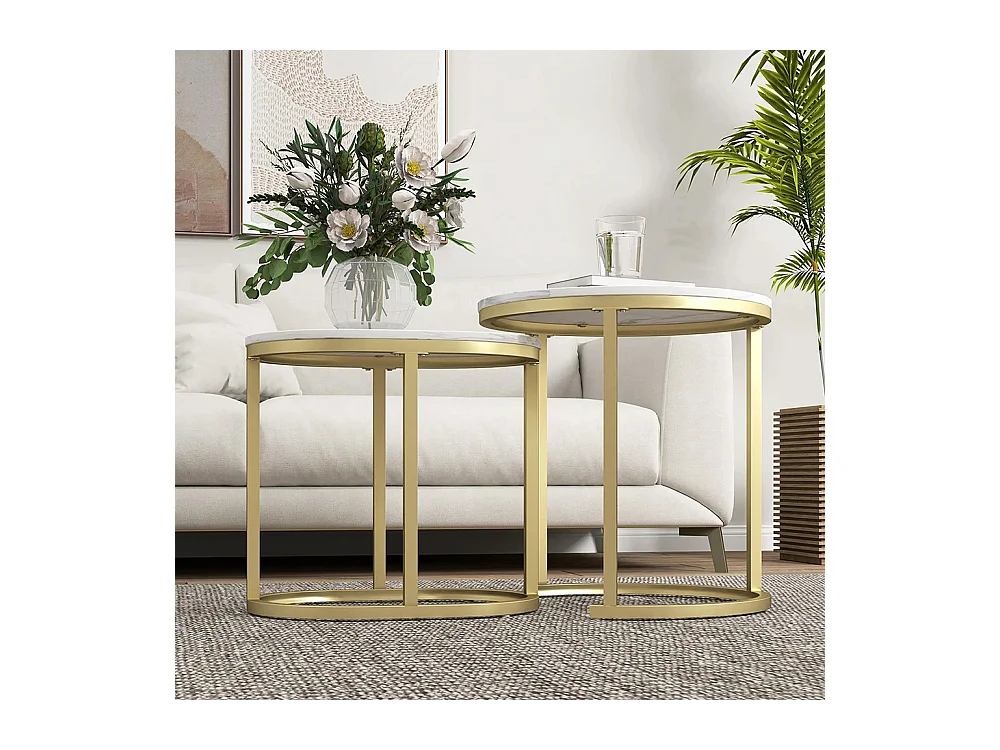 Lot de 2 tables basses tables d'appoint gigognes encastrables structure en acier et plateau en bois aspect marbre or