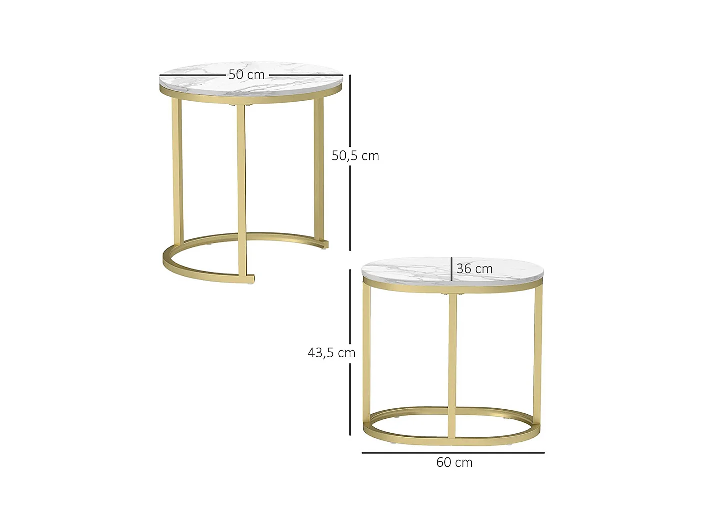 Lot de 2 tables basses tables d'appoint gigognes encastrables structure en acier et plateau en bois aspect marbre or