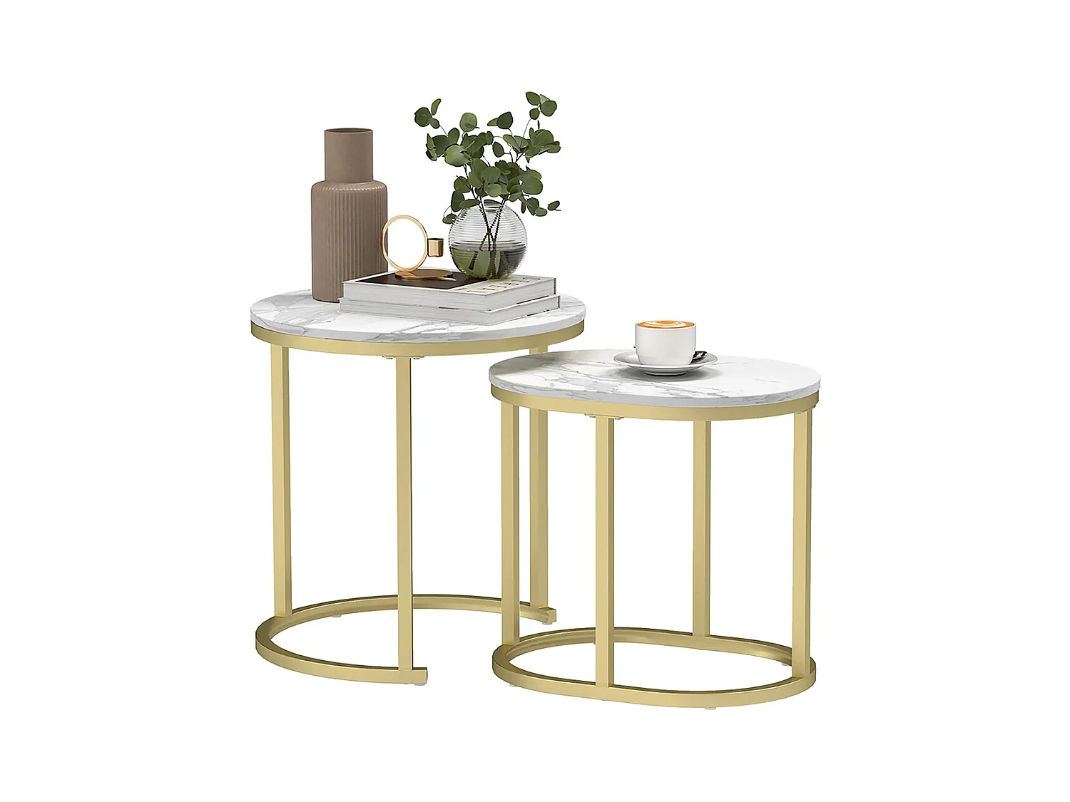 Lot de 2 tables basses tables d'appoint gigognes encastrables structure en acier et plateau en bois aspect marbre or